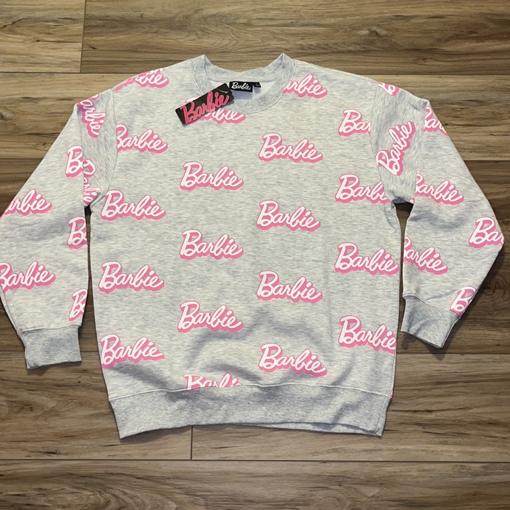 Barbie All Over Script Crewneck Sweatshirt Gray Pink NWT Large
